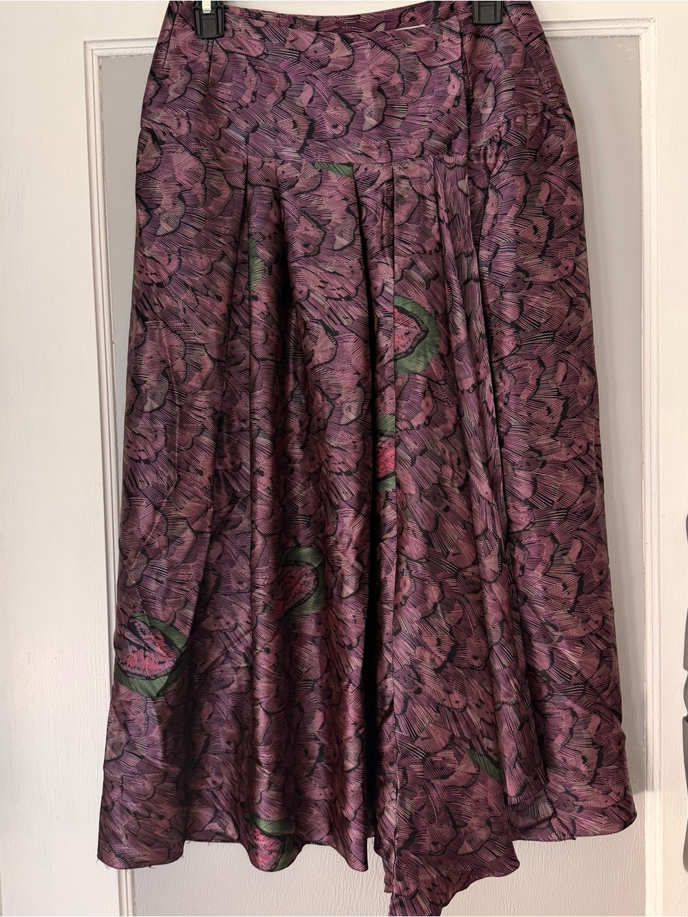 Vintage Norma Walters silk purple feather midi wrap skirt
